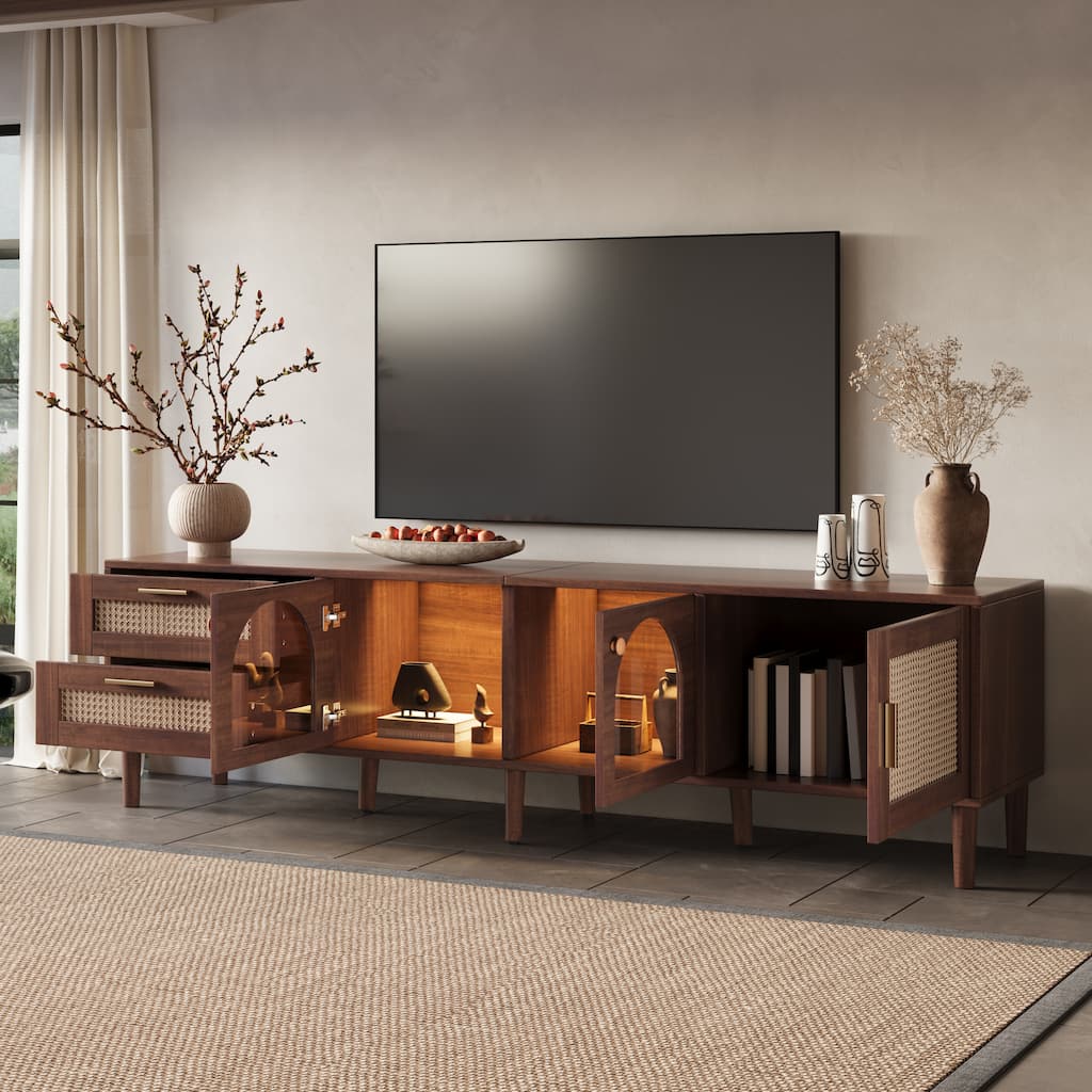 Rattan TV Stand for TVs up to 80'' with 3 Cabinets, 2 Drawers, and LED Light