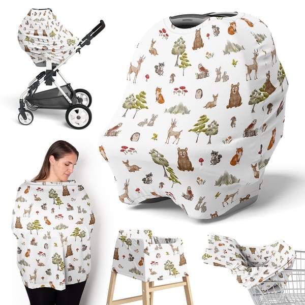slide 2 of 6, Sweet Jojo Designs Woodland Forest Animals Boy Girl Unisex/Gender Neutral 5 in 1 Baby Car Seat Nursing Cover Watercolor Friends