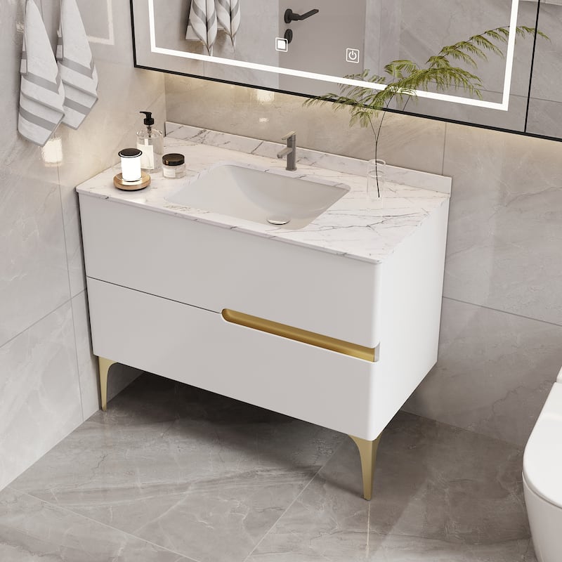 Modern Bathroom Vanity Ceramics Single Sink Freestanding With 2 Drawers - White - Wood Finish