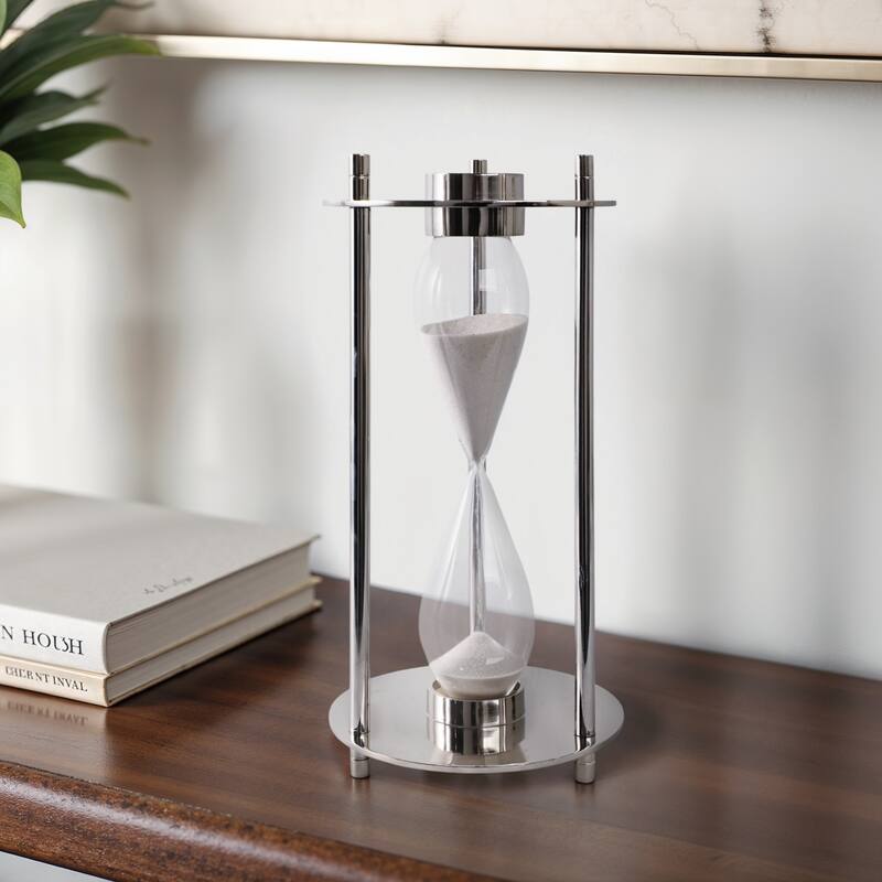Modern Metal and Glass Hourglass Timer with Frame and Built-In Compass