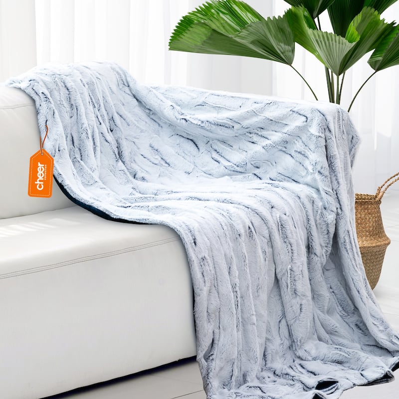 Cheer Collection Embossed Faux Fur White/Blue Throw Blanket - 60x70