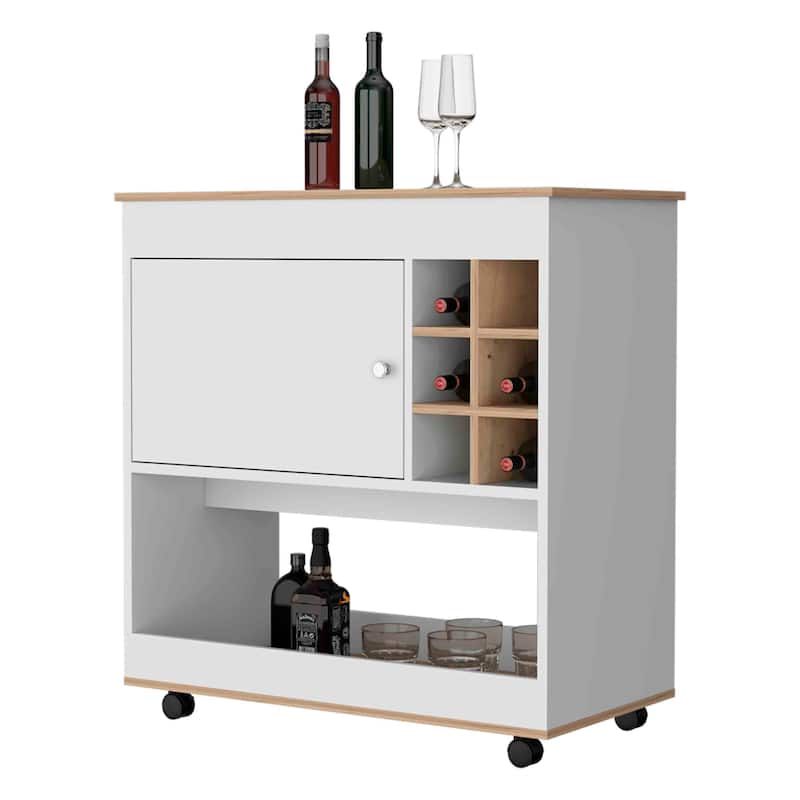 Texas Bar Cart, One Cabinet, Six Bottle Cubbies, One Lower Panel, Four Casters