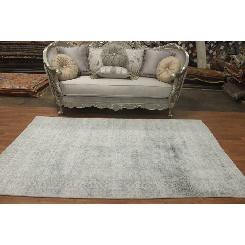 Hand-knotted Transitional Silk Carpet Grey Oushak Rug Geometric Oriental Area Rug - 8' 0'' X 4' 10''