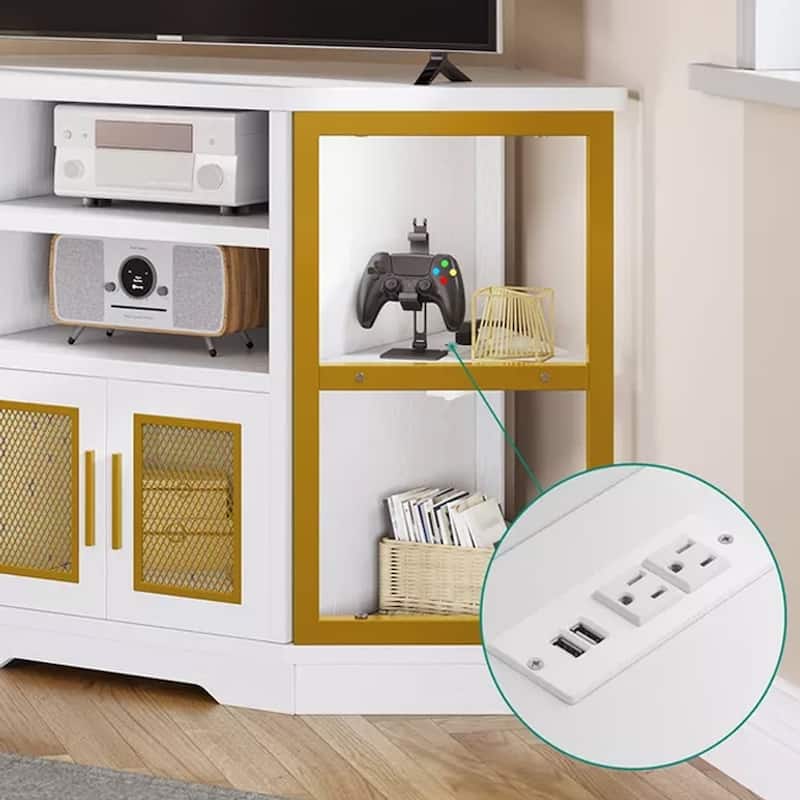 Corner TV Stand with Power Outlets For 55" TV Oak White - 47 inches in width