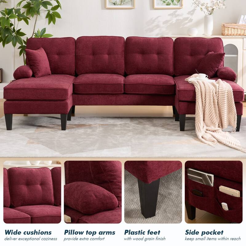HOMEFUN Linen Upholstered U-Shaped 4-seater Tufted Wood Frame Sectional Sofa with Side Pocket