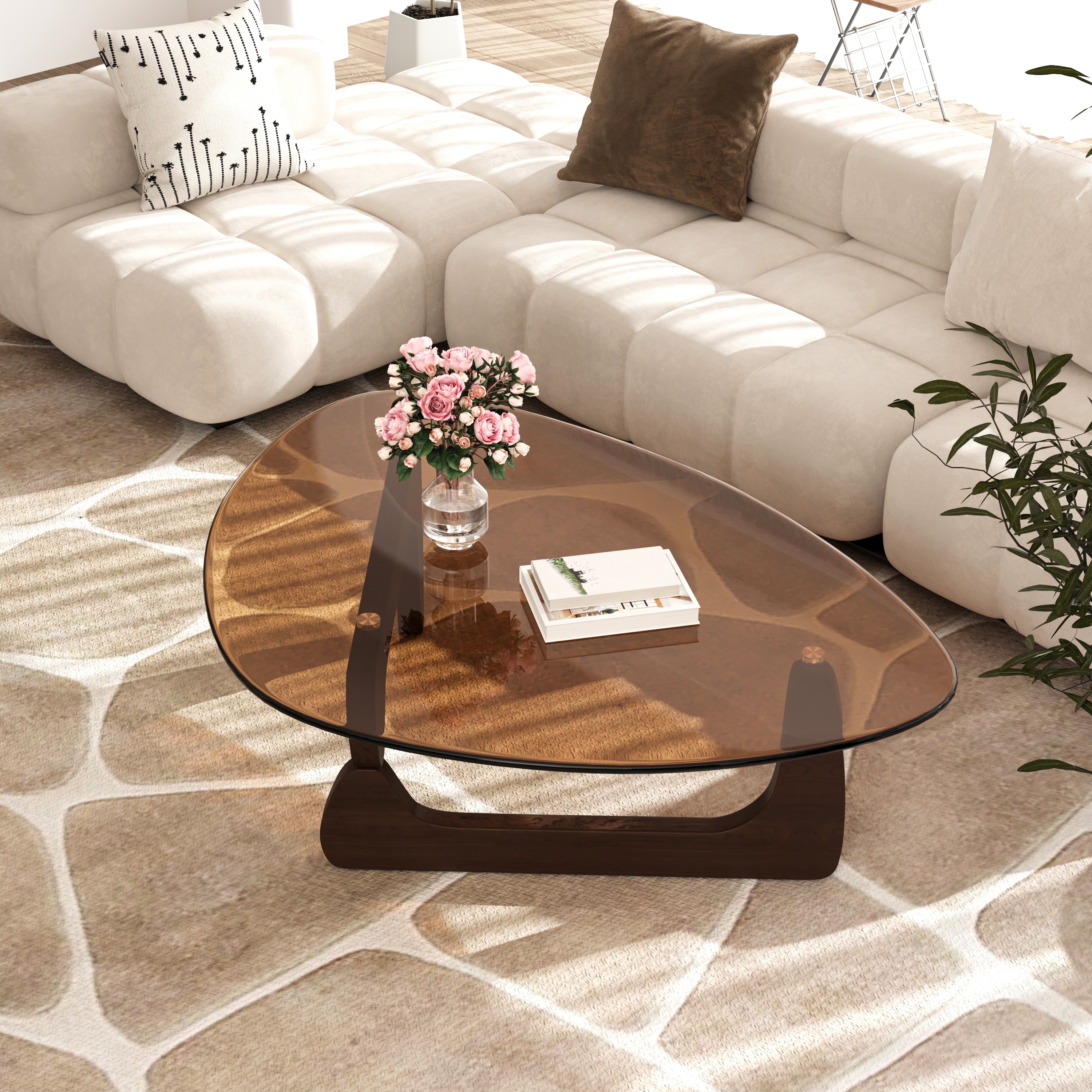 Amber Mid-century Tempered Glass Wood Triangle Coffee Table