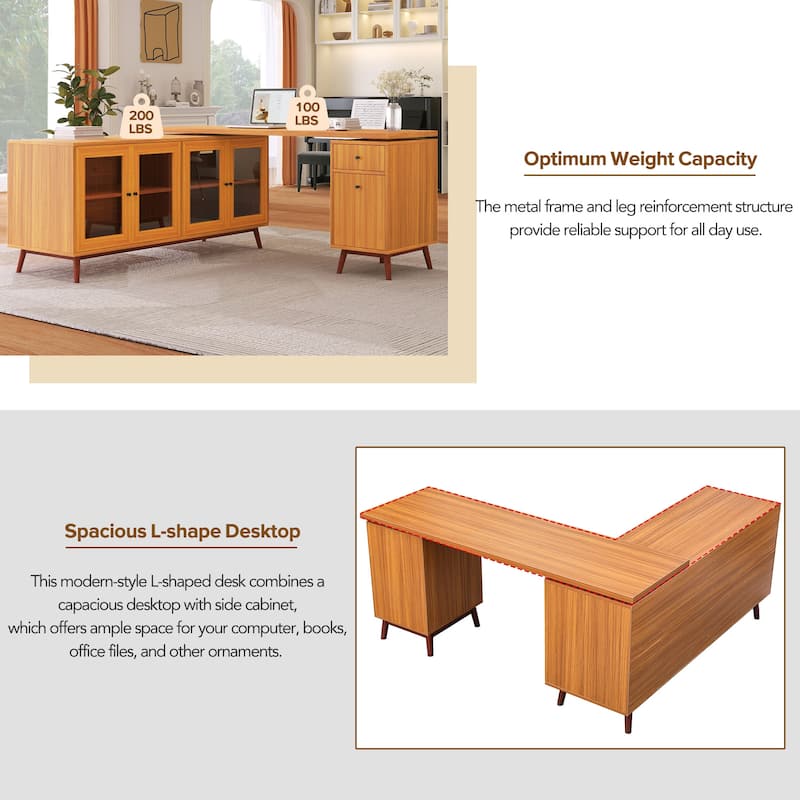 66.5" Large Office Desk with Drawers, Modern L-shaped Desk with Delicate Tempered Glass Cabinet Storage, Business Desk