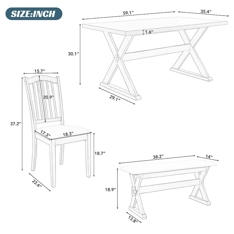 6Piece Rustic Dining Set, Wooden Trestle Dining Table, 4 Upholstered