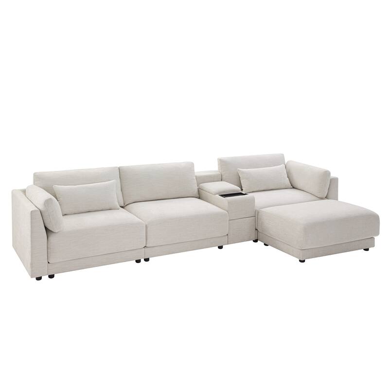 Oversized Modular Sectional Sofa, Chenille 4 Seat Sofa with Storage Console & Movable Ottoman, Comfy Sofa with 4 Pillows
