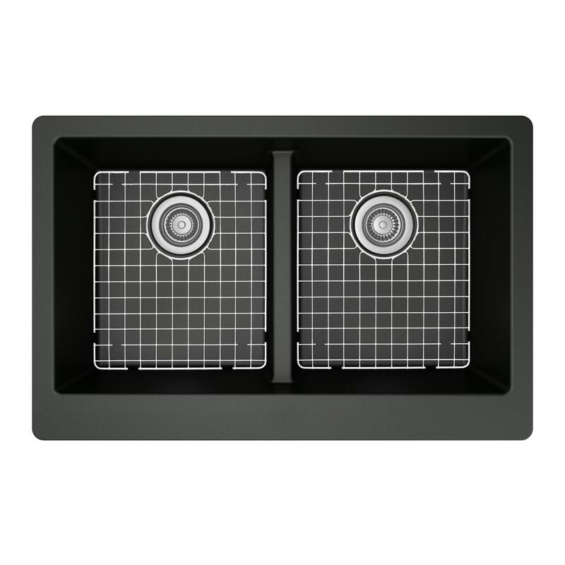 Karran All in One Apron Front/Farmhouse Quartz 34-in Double Bowl 50/50 Sink in Black with Faucet KKF210 in Stainless Steel