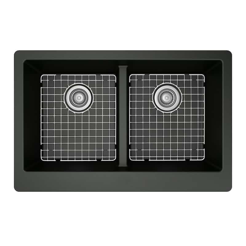 Karran All in One Apron Front/Farmhouse Quartz 34-in Double Bowl 50/50 Sink in Black with Faucet KKF220 in Stainless Steel
