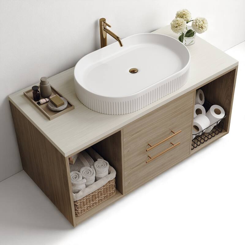 Wall-Mounted Bathroom Vanity with Ceramic Sink, 38.2" Floating Cabinet with Drawers & Shelves, Soft-Close Storage
