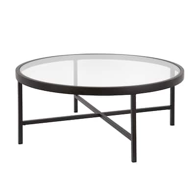 Stylish Black Glass 36 Inch Round Coffee Table with Steel Frame - 36” x 36” x 15”