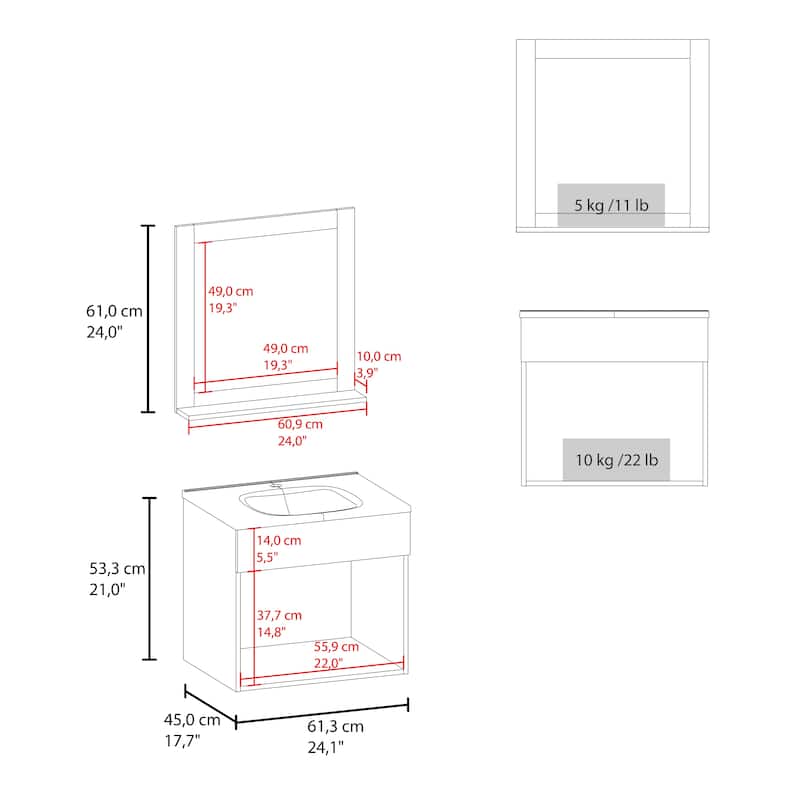 Slater Floating Bathroom Vanity Set with Sink, Two-Door Cabinet, and Mirror