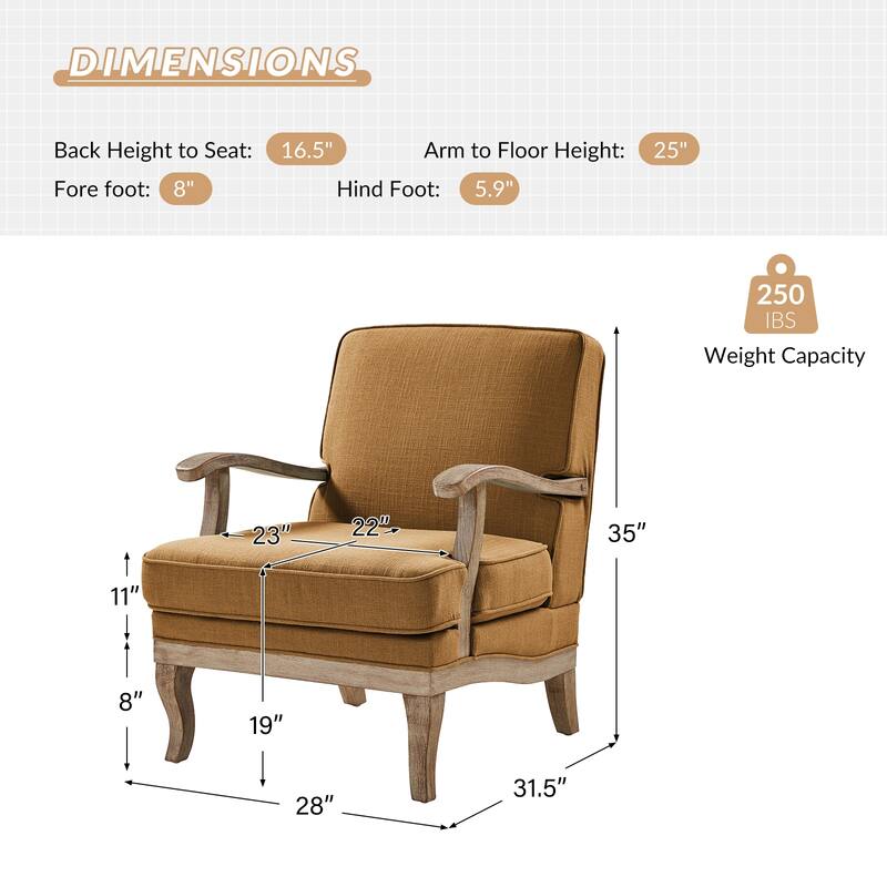 HULALA HOME Rinaldo Farmhouse Polyester Armchair with Comfortable Backrest and Solid Wood Legs