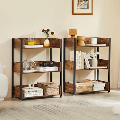 3-Shelf Wooden Bookshelf, Iron Frame Bookcase Set of 2