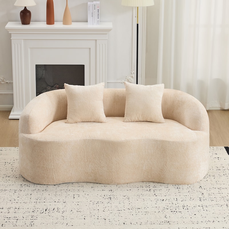 Beige Curved Loveseat Sofa With Round Armrest, Compression Couch With 2 Pillows, Cream Couch For Small Space