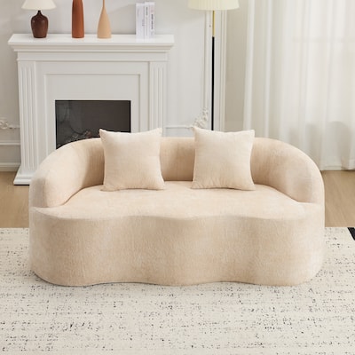 Chenille Curved Lounge Couch Wave-shape Loveseat Sofa High-Density Foam Compression Couch with 2 Pillows and Round Armrest
