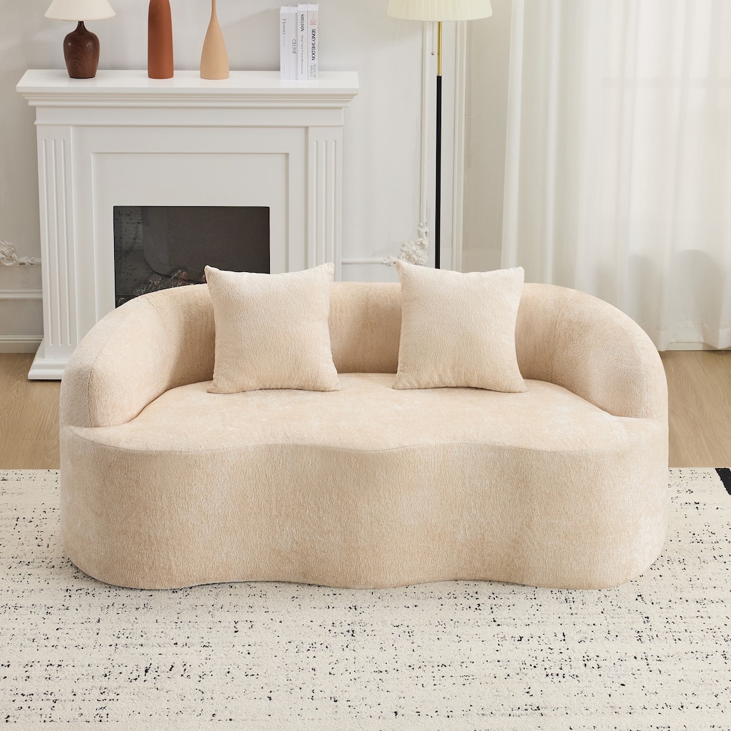 Chenille Curved Lounge Couch Wave-shape Loveseat Sofa High-Density Foam Compression Couch with 2 Pillows and Round Armrest