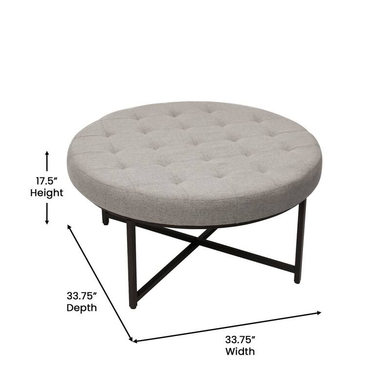 Round Cotton Linen Tufted Ottoman with Metal Frame