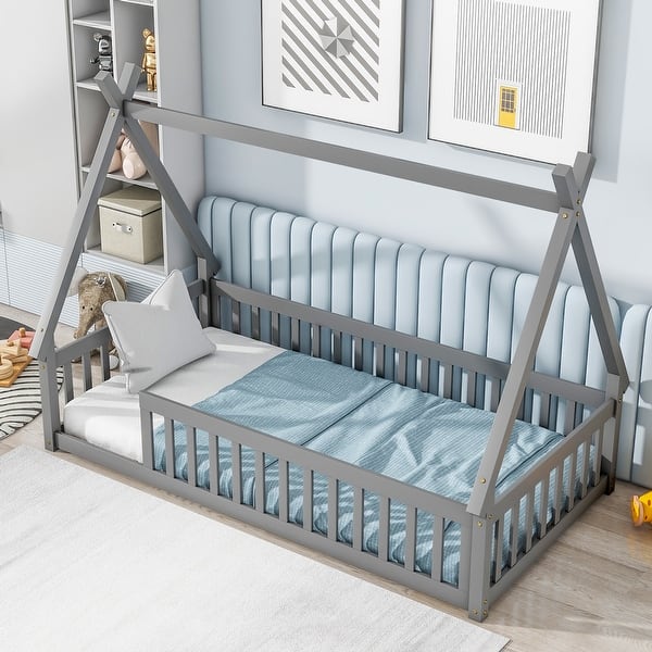 slide 2 of 9, Twin Size Tent-shaped Bed, Wooden Montessori Floor Bed Frame for Kids Grey - Twin