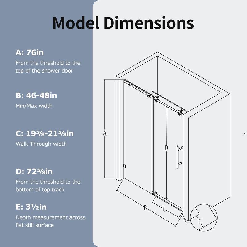46-48" Frameless Sliding Shower Door with Soft-Close, 8mm Tempered Glass, Adjustable Single Bypass Design - 48x76"