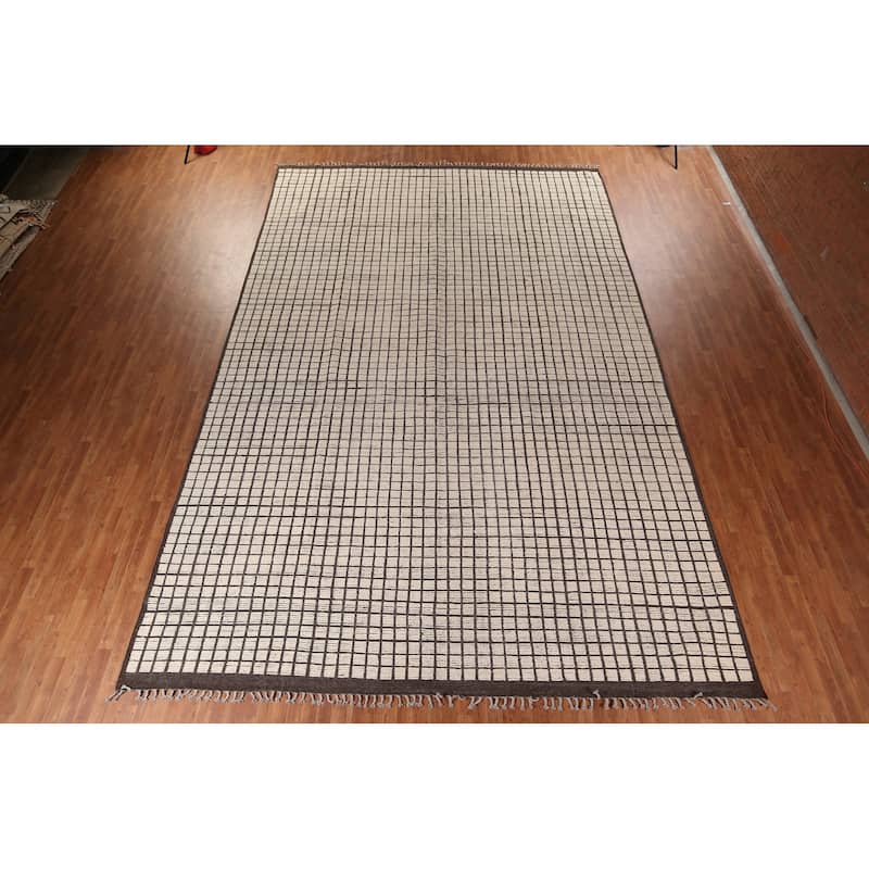 All-Over Checkered Moroccan Modern Large Rug Hand-Knotted Wool Carpet - 12'0"x 18'7"