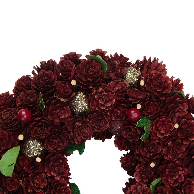 Red Gold Pine Cone Ornament Artificial Christmas Wreath, 9.5", Unlit