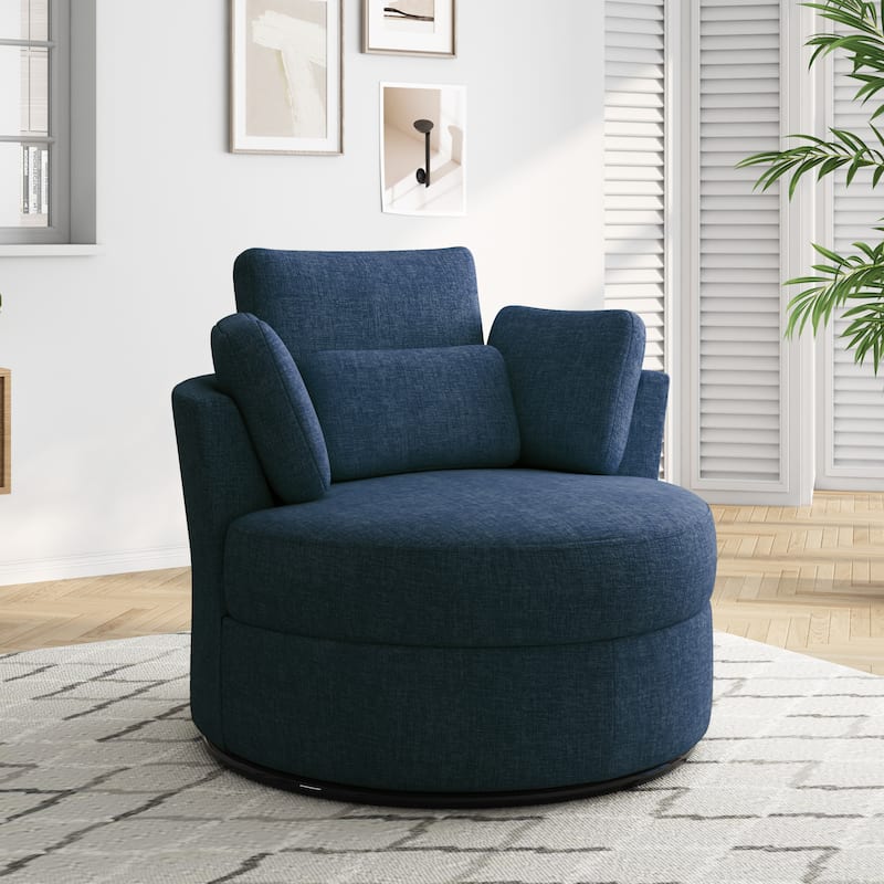 Upholstered Swivel Accent Chair with Wooden Tray Storage Ottoman - Excluding Ottoman - Blue/Chenille