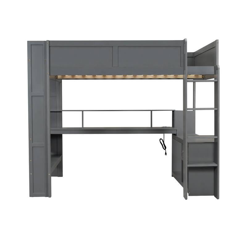 Full Size Loft Bed with Built-in Desk, LED Shelf Lighting, Charging Ports, and Storage Cabinet, Dark Gray Wood Frame