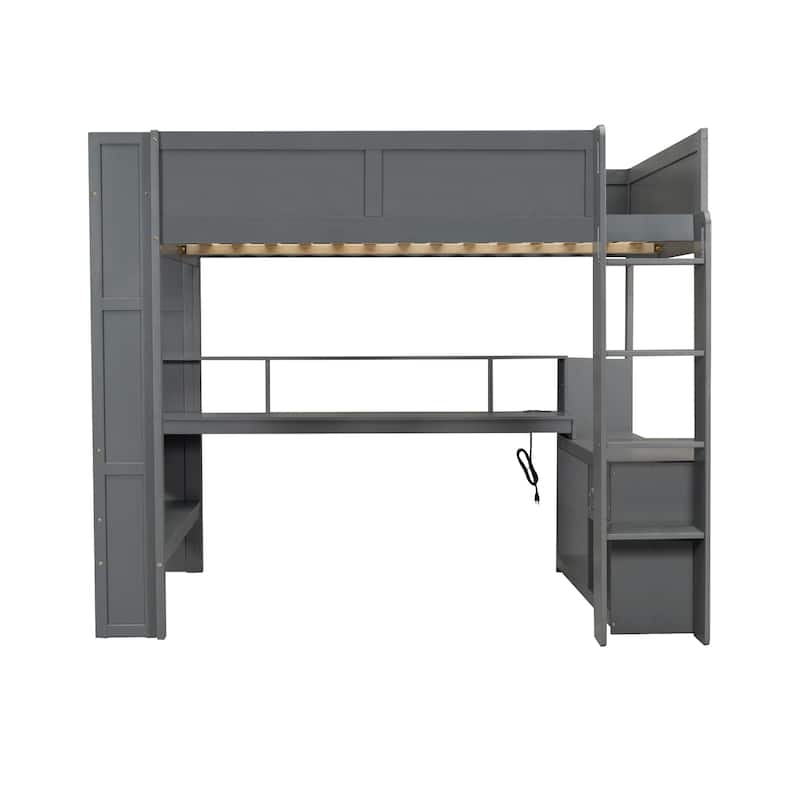 Wood Full Size Gaming Loft Bed with Desk, Multi-storage Shelves, LED and Charging Station, Dark Gray