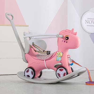 Unicorn Rocking Ride Toys with Push Handle, Backrest and Balance Board