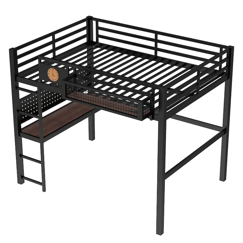 Metal Loft Bed with Desk & Storage Basket, Includes Alarm Clock & Charging Port, Queen/Full/Twin XL