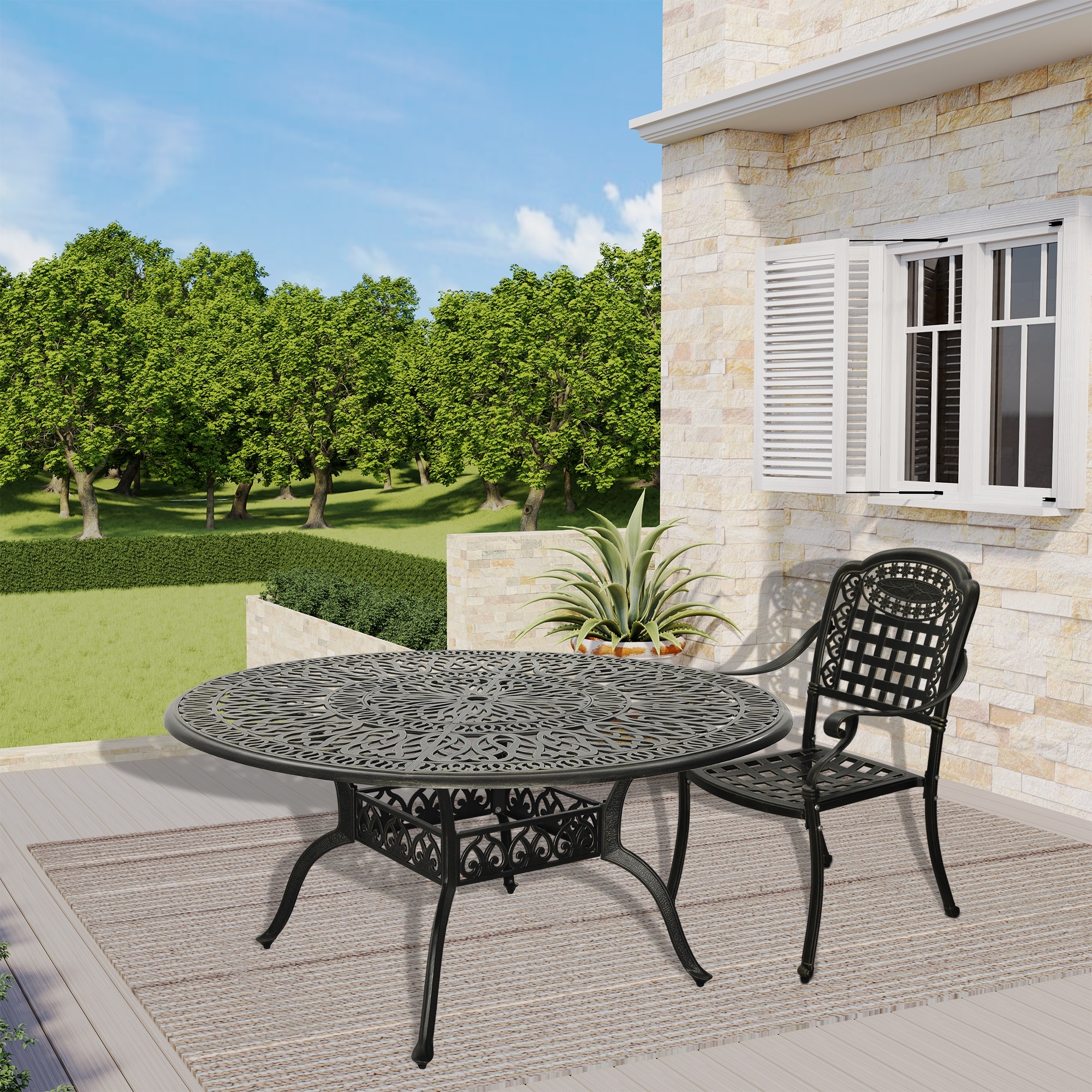Clihome 60" Outdoor Round Cast Aluminum Patio Dining Table