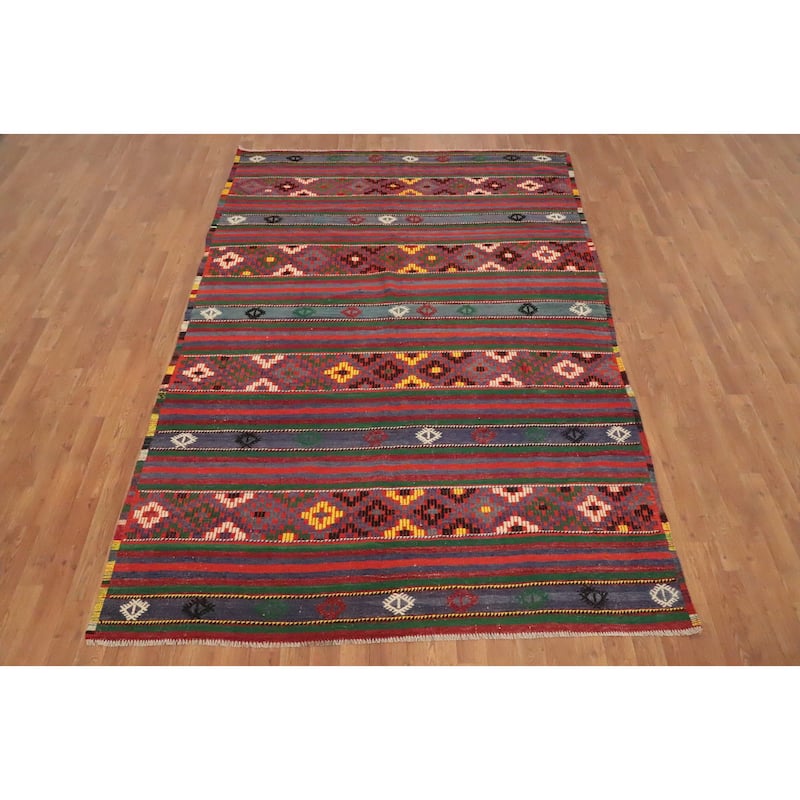 Hand Woven Oriental 100% Wool Carpet Southwestern Tribal Multi-Colored Kilim Area Rug - 8' 10'' X 5' 10''