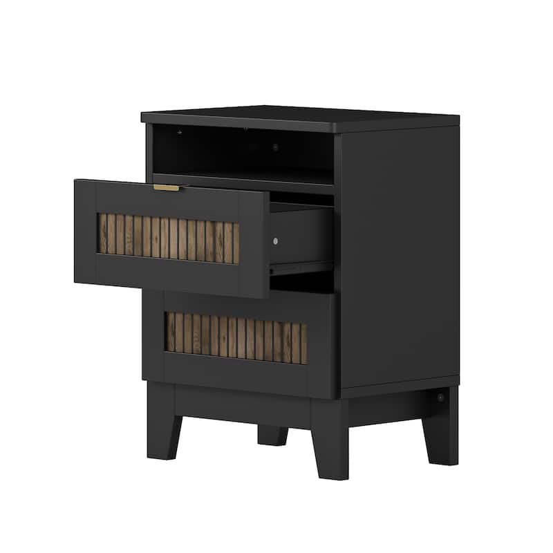 2-Drawer Farmhouse Wooden Nightstand with Wooden Strip Stickers Decoration & Metal Handle, Wood Side Table with Storage Cabinet