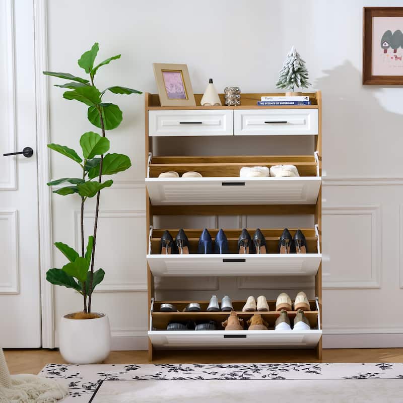 Two drawers, Three-fold Doors, Large storage Shoe Cabinet - White+Walnut