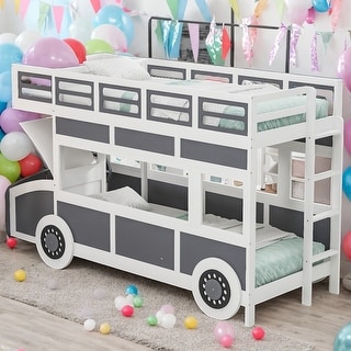 Twin over Twin Bus-shaped Bunk Bed with Wheels and Storage for Home