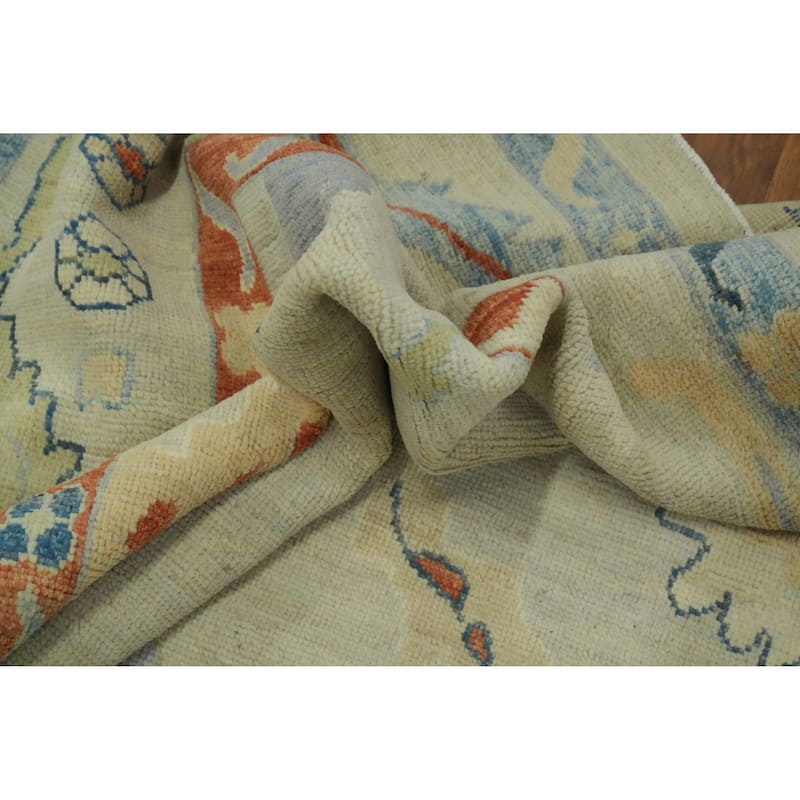 Handmade Wool Oushak Vegetable Dye Area Rug, Floral Geometric Carpet - 11' 8'' X 8' 9''