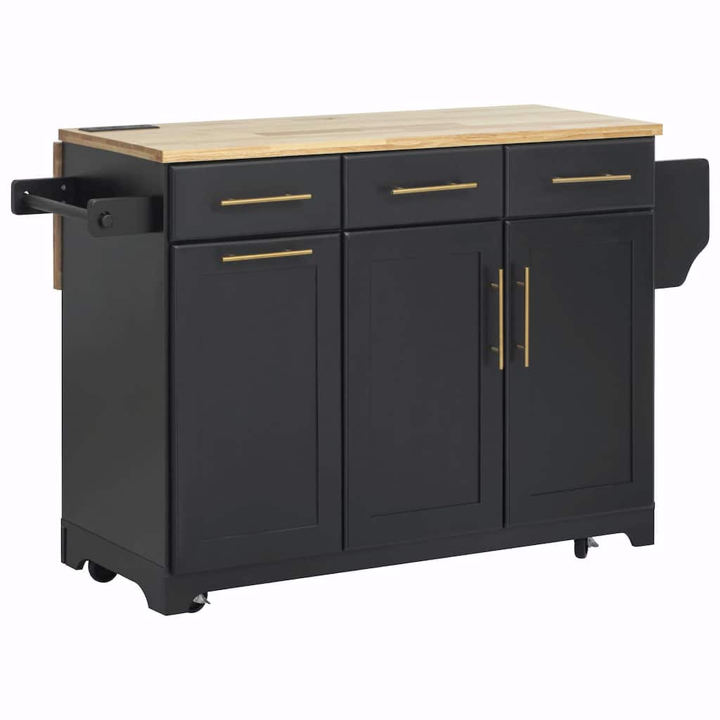 59.3" Kitchen Island with Storage, 2 Pull-Out Cabinet Organizers & Rubber Wood Drop Leaf