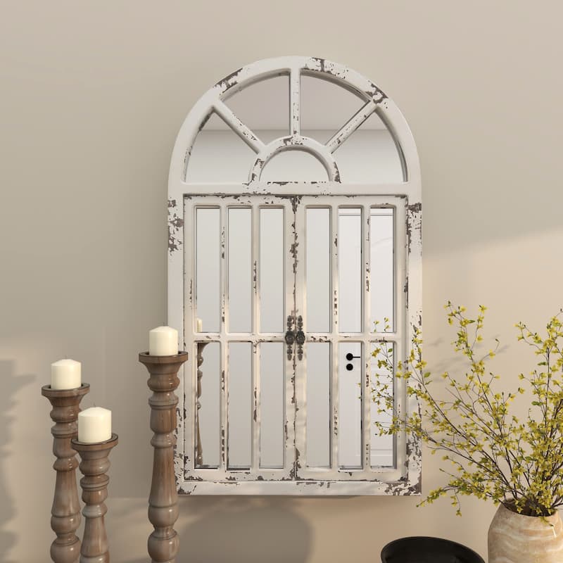Wood Window Pane Inspired 2 Door Room Wall Mirror with Arched Top and Distressing - White - Roche River Decor