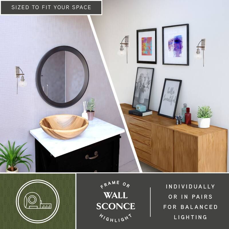 Avondale 6-in Satin Nickel and Wood Farmhouse Plug In Wall Sconce Reading Light, Clear Seed Glass Globe, On/Off Switch