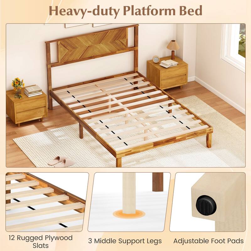 Rustic Golden Brown Twin Size Wooden Platform Bed Frame with Headboard and Under Bed Storage Acacia Wood Construction