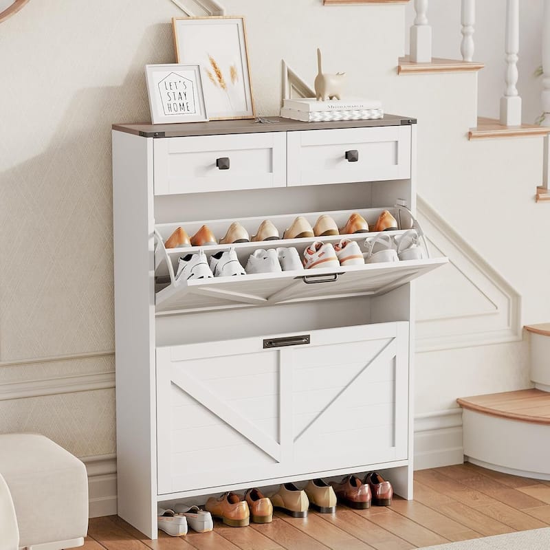 Modern Slim Shoe Cabinet with 2 Flip Drawers and 2 Drawers - White