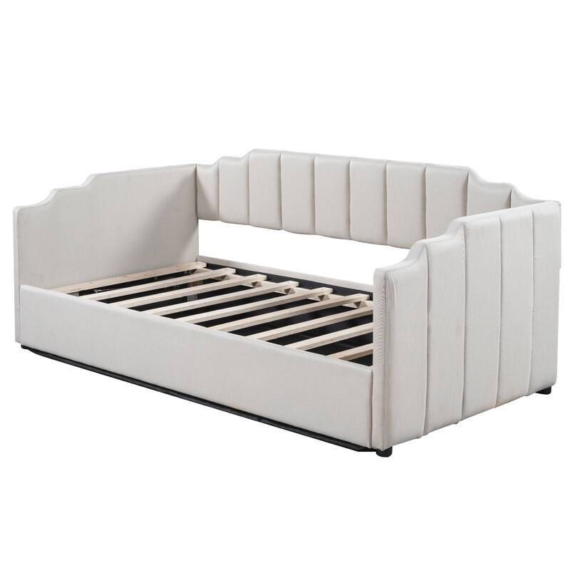 Modern Twin Size Platform Bed Frame with Underneath Storage and Wood Slatted Support Upholstered Daybed, Beige