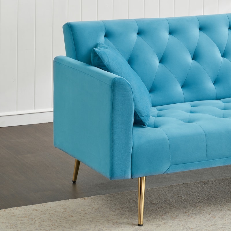 Velvet Loveseat Sofa Adjustable Backrest Sleeper Sofa Bed with 2 Pillow Upholstered Deep Seat Sofa, Tufted Couch