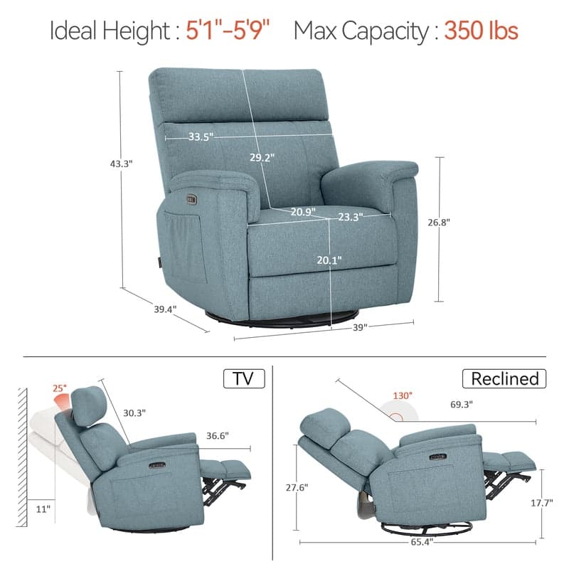 MCombo Power Swivel Glider Recliner Nursery Chair, Fabric PR601