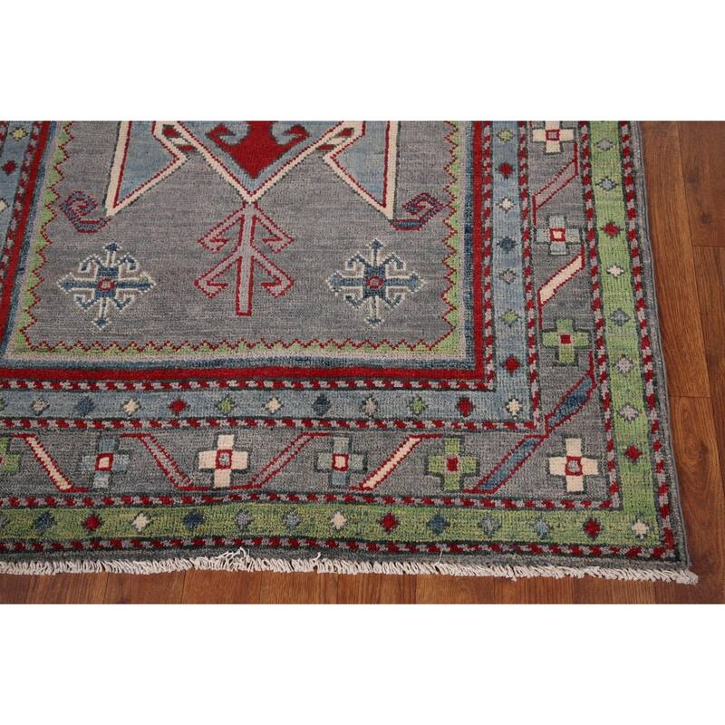 Kazak Accent Rug Hand-Knotted Grey Geometric Wool Carpet - 3'4" x 5'0"