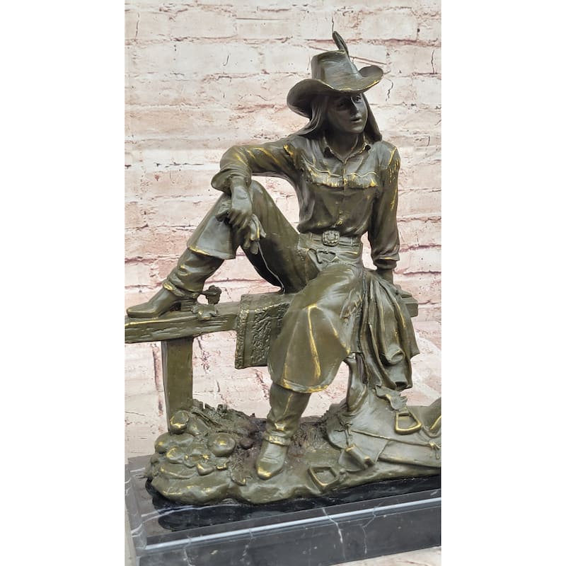 Bronze Cowgirl Sculpture – Western Lady On Fence Statue