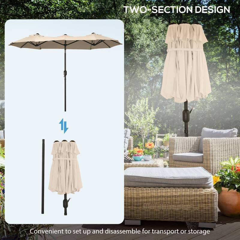Double-sided Patio Umbrella 9.5' Large Outdoor Market Umbrella with Push Button Tilt and Crank, 3 Air Vents and 12 Ribs